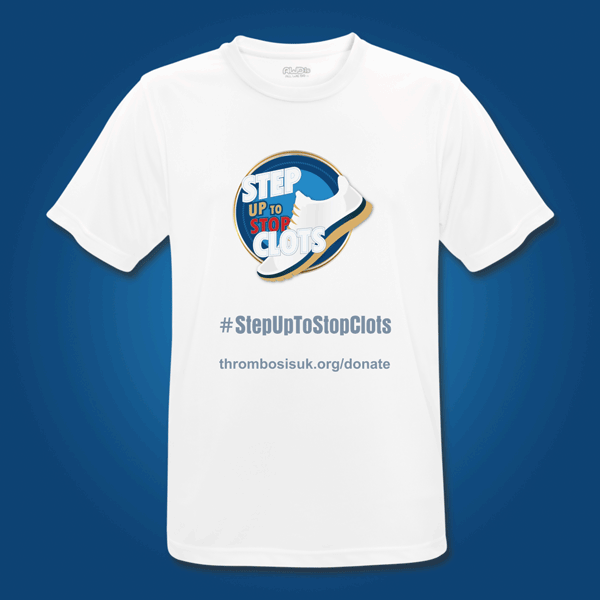 Thrombosis UK Step Up to Stop Clots fundraising and promotional t-shirt design images