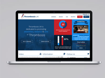 Thrombosis UK Rebrand - Website home page layout for the charity discussing Venous Thromboembolism VTE, Deep Vein Thrombosis DVT and Pulmonary Embolism PE
