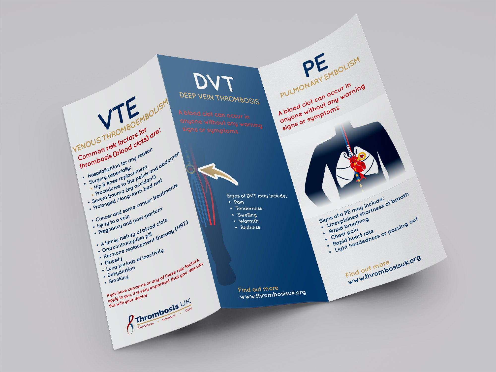 Thrombosis UK Rebrand - Tri-fold leaflet for patients explaining Venous Thromboembolism VTE, Deep Vein Thrombosis DVT and Pulmonary Embolism PE